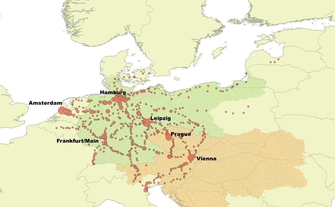 Map of land masses with red circles and certain areas shaded green or orange.