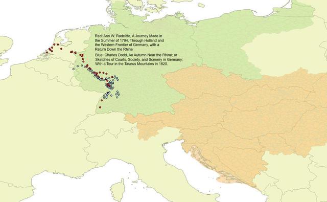 Map of land masses with red circles and blue circles where certain areas of the map are shaded green or orange