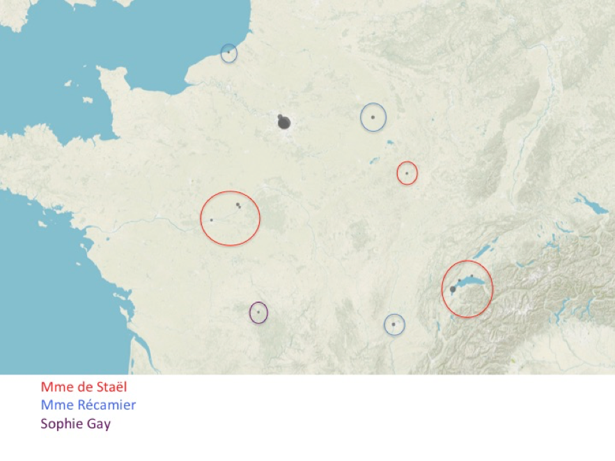 Map with blue as water and land as light green with multicolored labels and red circles