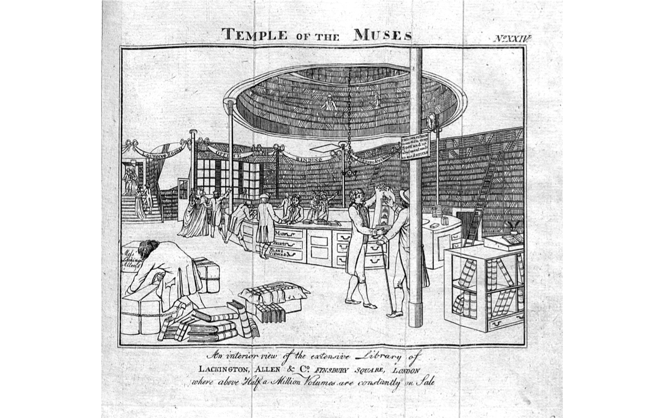 Drawing of the interior in a building with people and many books on shelves