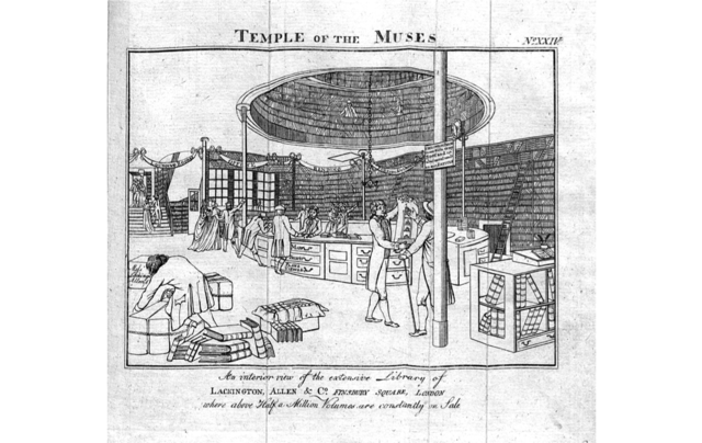 Drawing of the interior in a building with people and many books on shelves