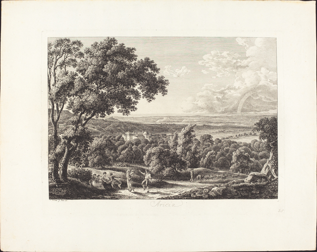 Black and white drawing of a natural landscape with figures dancing at the foreground