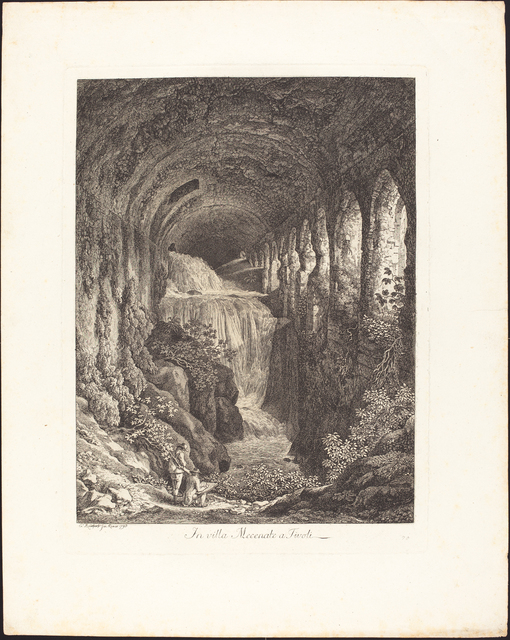 Black and white drawing of a waterfall flowing down surrounded by rocks with branches