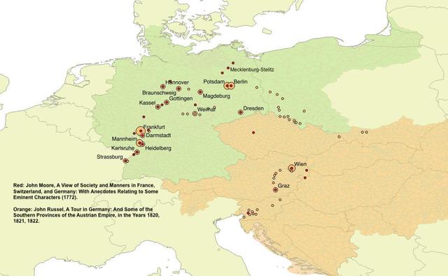 Map of land masses with several different symbols and some labels. Some areas of the land masses are shaded green or orange