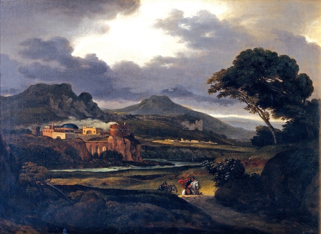 Colored painting of a landscape with figures and horses at the foreground and building in the background