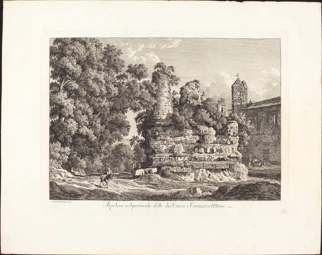 Black and white drawing outdoors of person on a horse in front of ruins