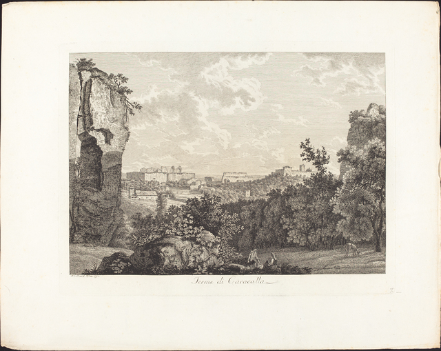 Black and white drawing of a collection of trees with buildings far in the distance