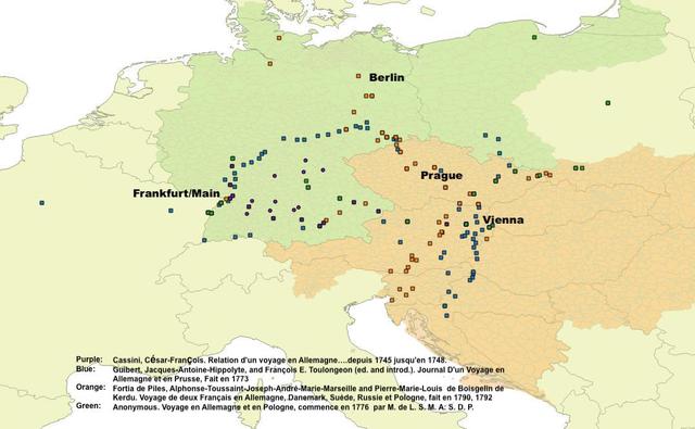 Map with multicolored squares throughout the map and certain areas of labeled. Some areas of the land masses are shaded green or orange.