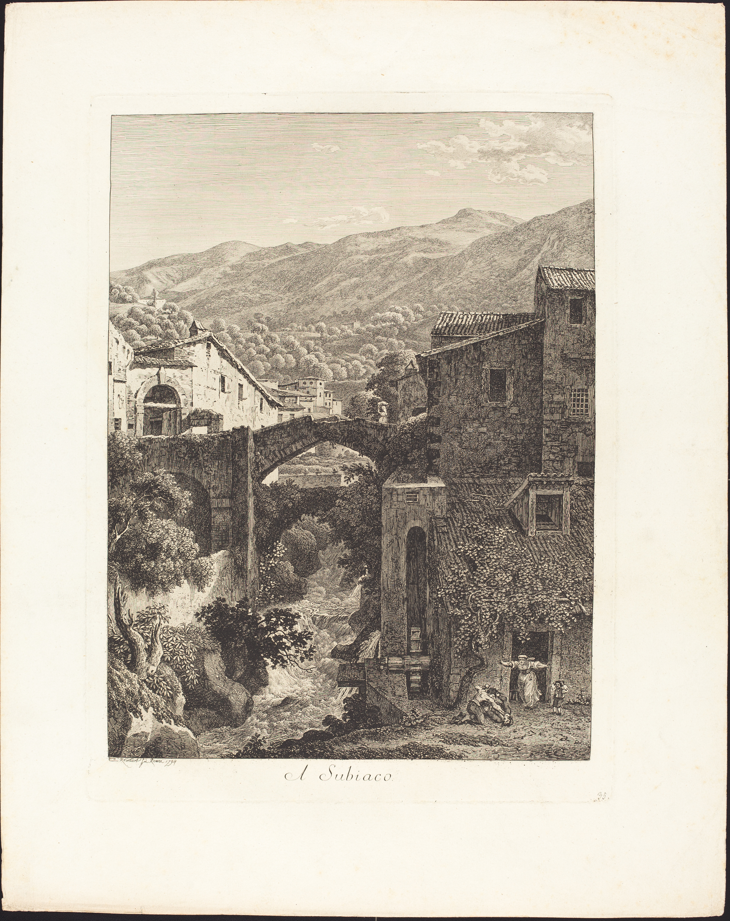 Black and white drawing of a town in front of mountains