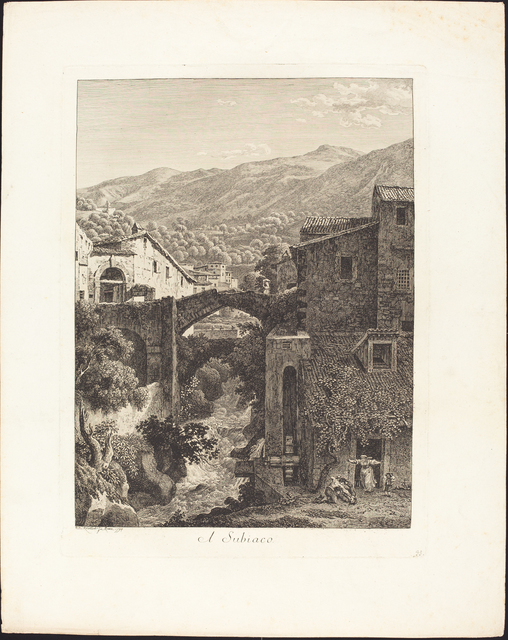 Black and white drawing of a town in front of mountains