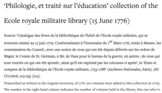 Cover of Figure 12: ‘Philologie’ collection of the Ecole royale militaire library (15 June 1776)