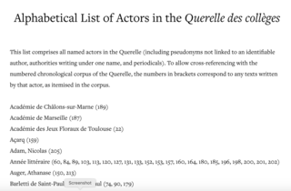 Cover of Alphabetical list of actors in the Querelle des collèges